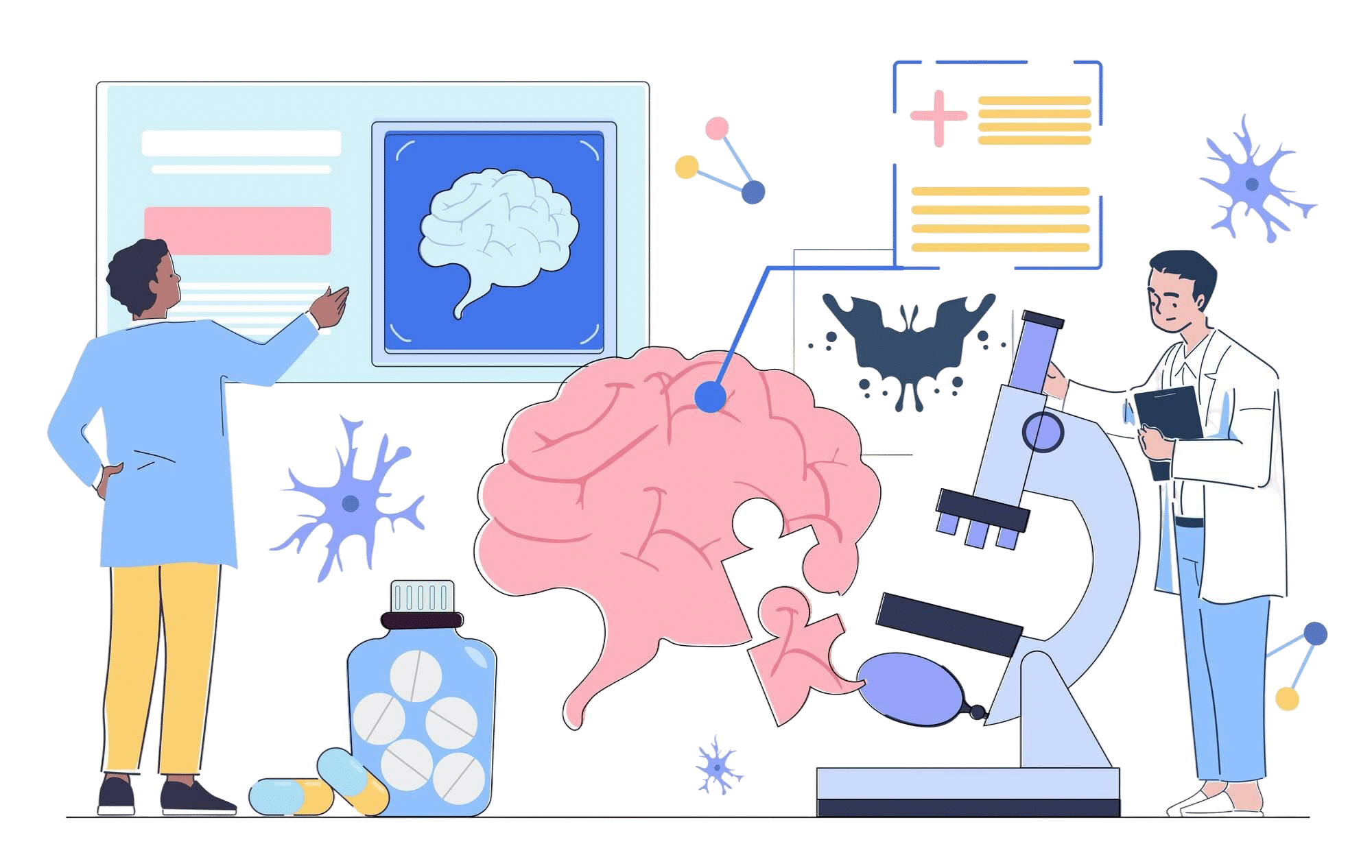scientists analyzing brain with microscope brain scan puzzle medication modern flat graphic