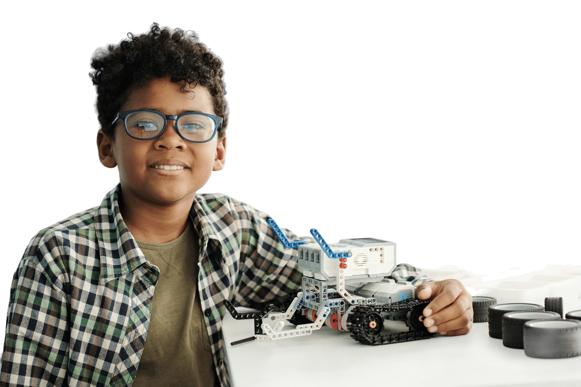 cute schoolboy eyeglasses casual shirt holding self made robot